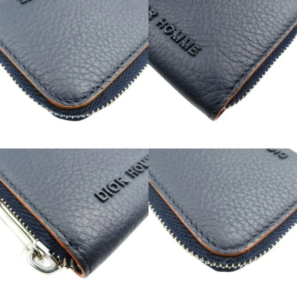 Dior Homme Leather Silver Hardware Navy Orange Round Zipper Coin Case 0559